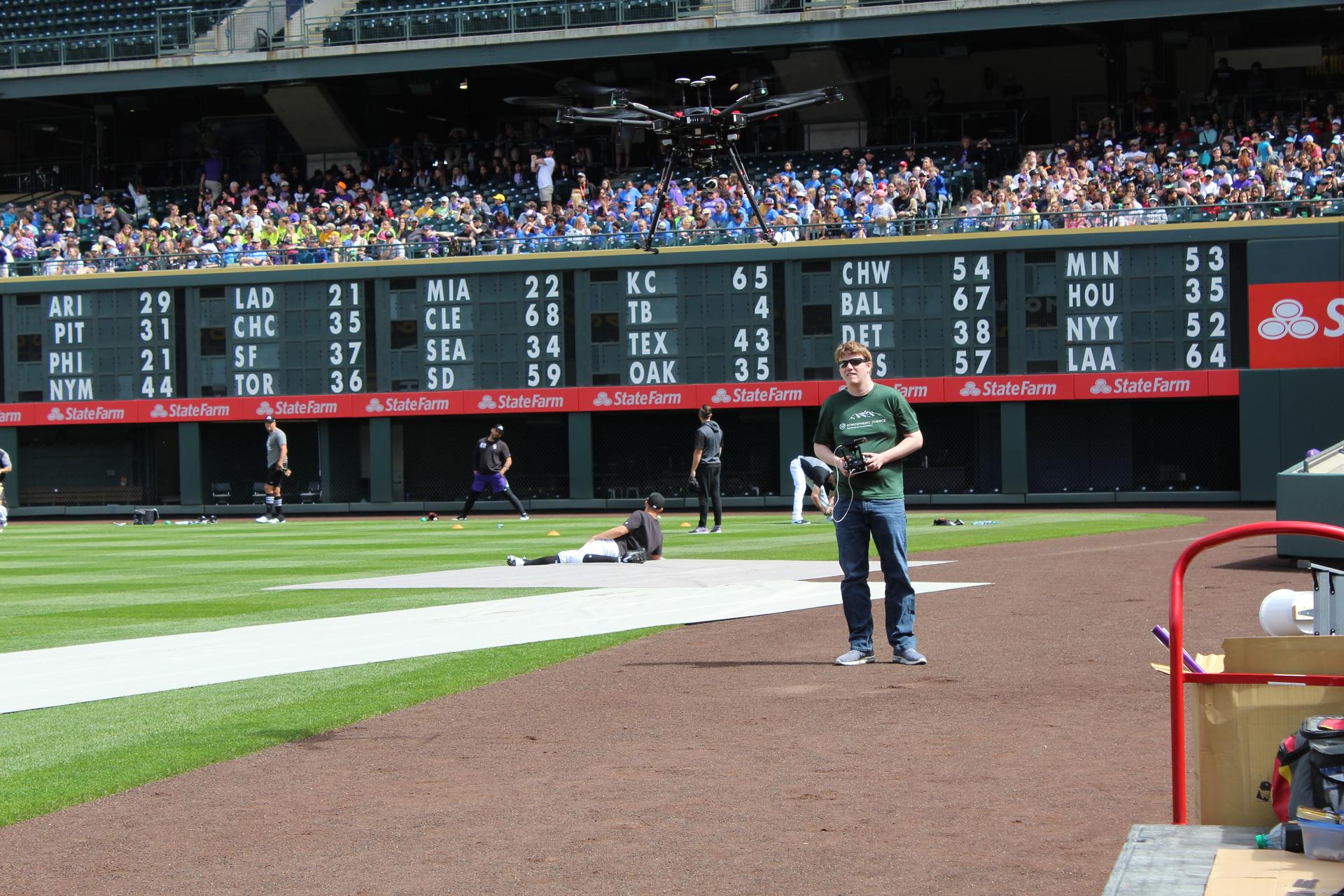 Image of Sean flying a hexacopter drone at Coors Field in Denver